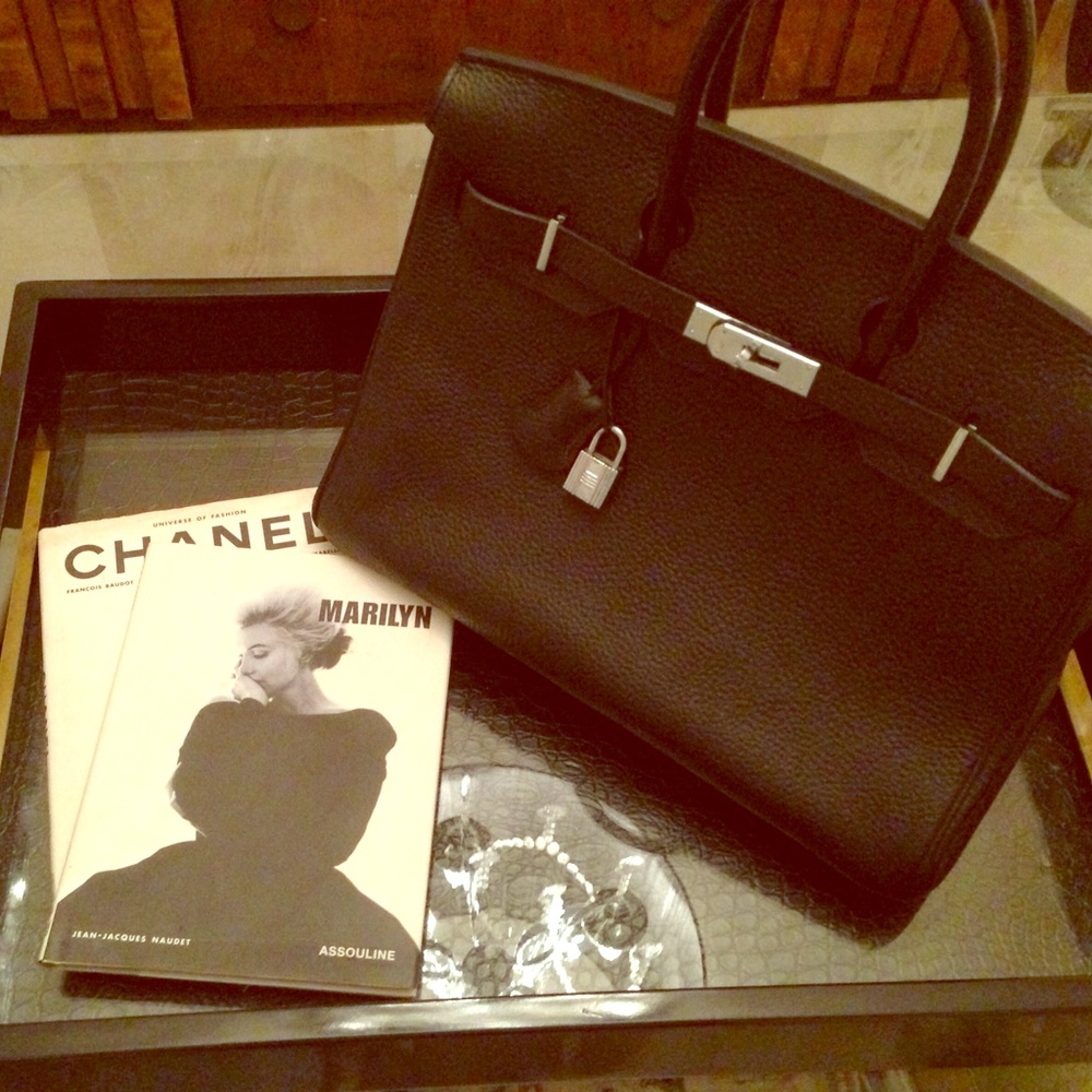 Black leather tote bag